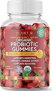 Plant.O Organik Probiyotik Kadınlar için Gummies, Erkekler ve Çocuklar [5 Milyar CFUs USDA sertifikalı] Destek Digestion, Bloating, Constipation & Immune System, Strawberry Flavor, 30 Chewable Probiyotiks