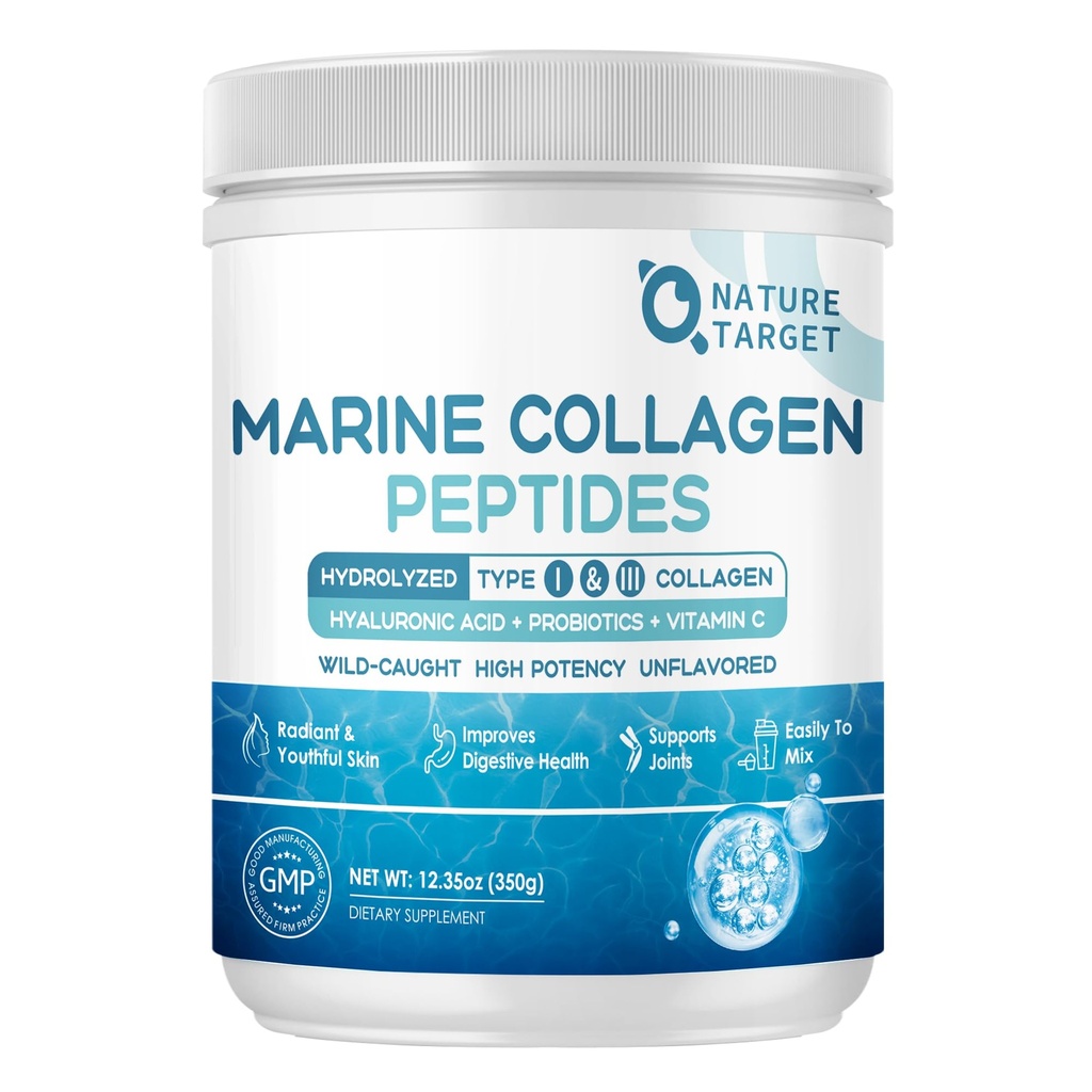 ΦΥΣΗ ΣΤΟΧΟΣ Θαλάσσια Κολλαγόνο Peptides σε σκόνη - Τύπος I & III Κολλαγόνο με Προβιοτικά, Βιταμίνη C & Υαλουρονικό οξύ για το δέρμα, τα μαλλιά, τα νύχια, Άγρια ψάρια & χόρτο-Fed Βοοειδή, 35 υπηρεσίες