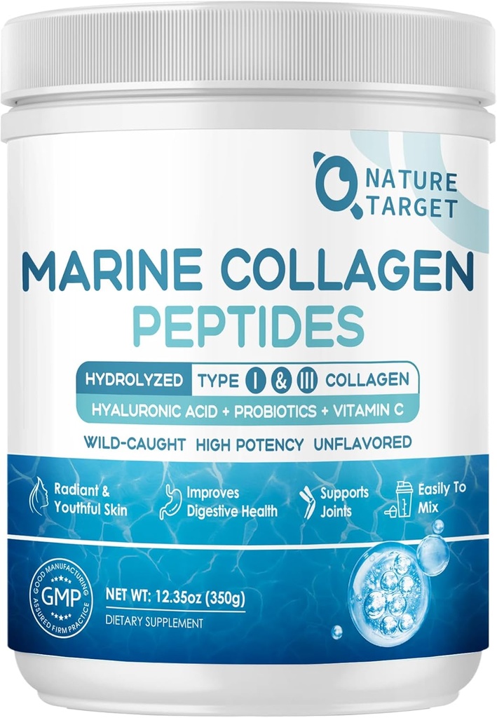 NATI TARGET Marine Collagen, Toz - Tip I & III Collagen with Probiyotiks, C & Hyaluronic Acid for Skin, Hair, Nails, Wild-Caught Fish & Grass-Fed Bovine, 35 Servisler