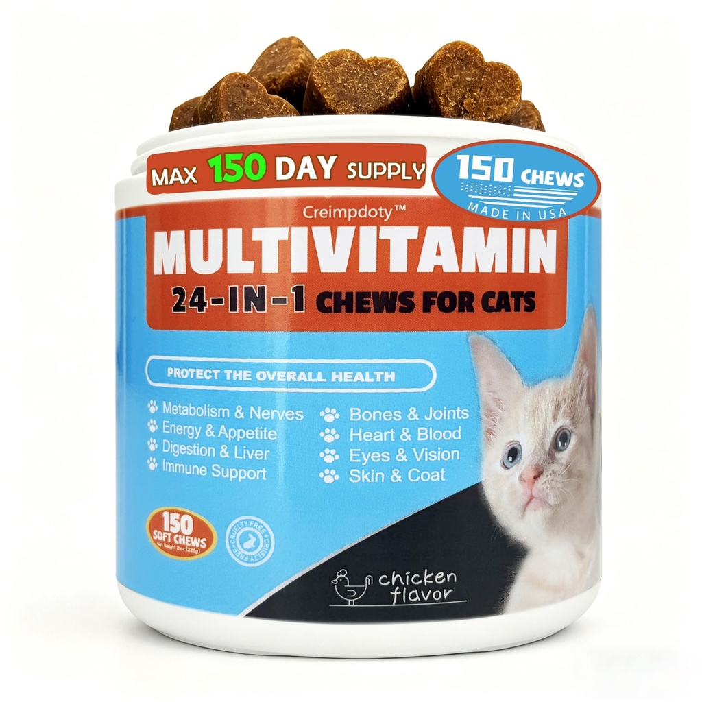 24-in-1 Taurine & Vitamin Treats for Cats with L-Lysine — Support for Joints, Coat, Digestion, Immunity and Vitality, 150-Count Multivitamin Supplement Designed Specifically for Adult and Senior Cats