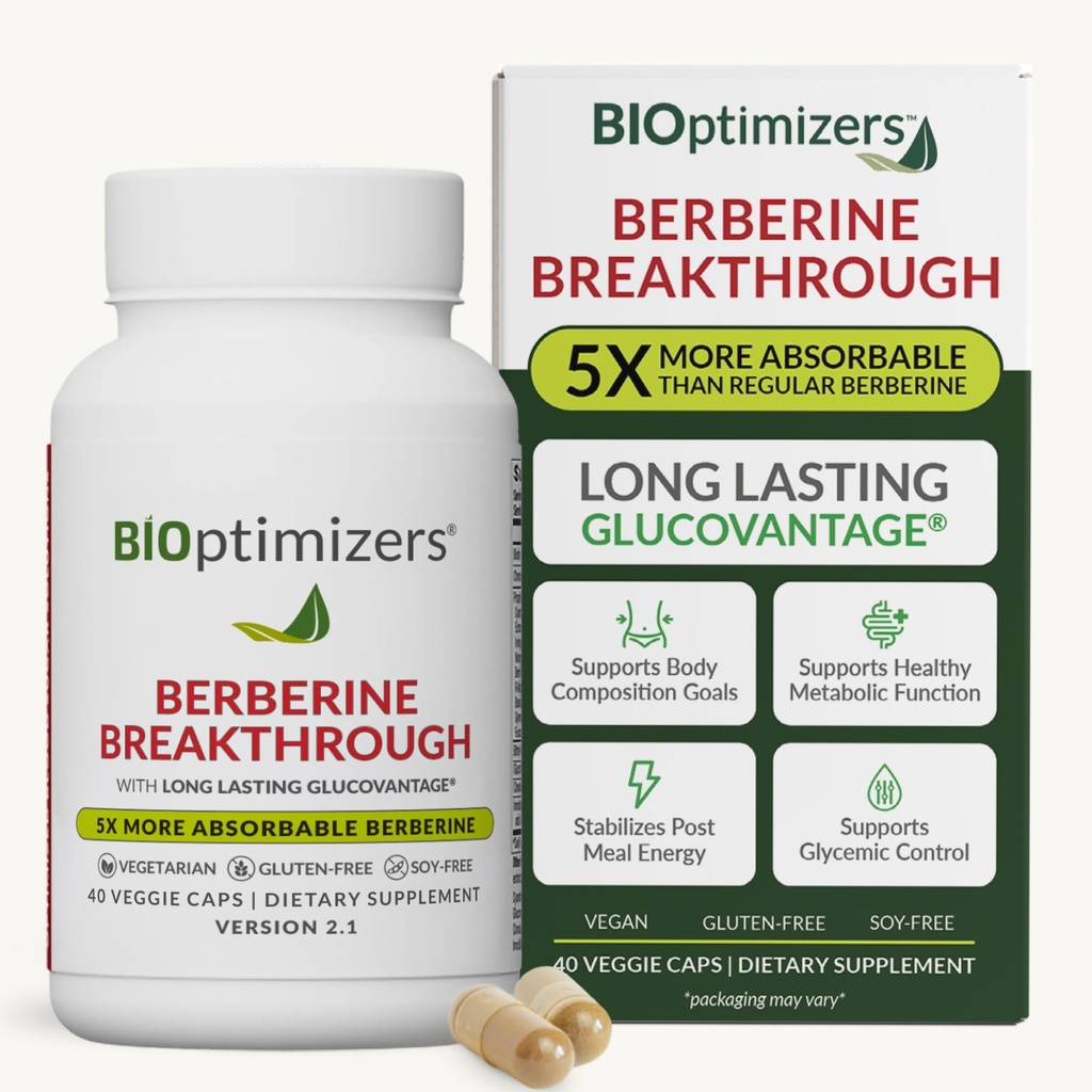 BIOptimizers Berberine Breakthrough Supplement - Metabolic Support –Healthy Metabolism - 40 Capsules – Vegetarian, Gluten-Free, Soy-Free