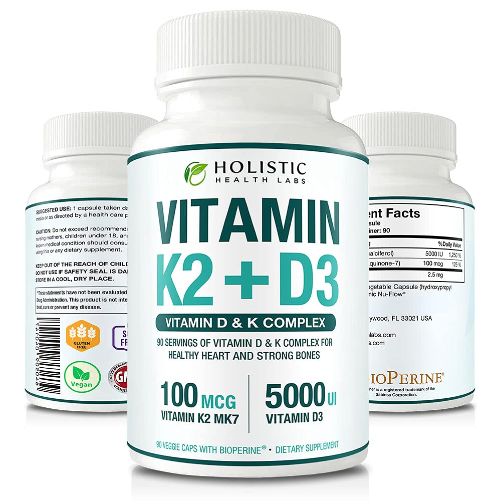Max Absorption Vitamin K2 + D3 (5000IU) 90 Veggie Capsules From MK-7 (Menaquinone-7) and Cholecalciferol (With BioPerine) 3-Months Supply – D3 with K2 For Healthy Heart and Strong Bones | Non-GMO