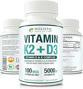 Max Absorption Vitamin K2 + D3 (5000IU) 90 Veggie Capsules from MK-7 (Menaquinone-7) and Cholecalciferol (with BioPerine) 3-Months Supply – D3 with K2 for Healthy Heart and Strong Bones | Non-GMO