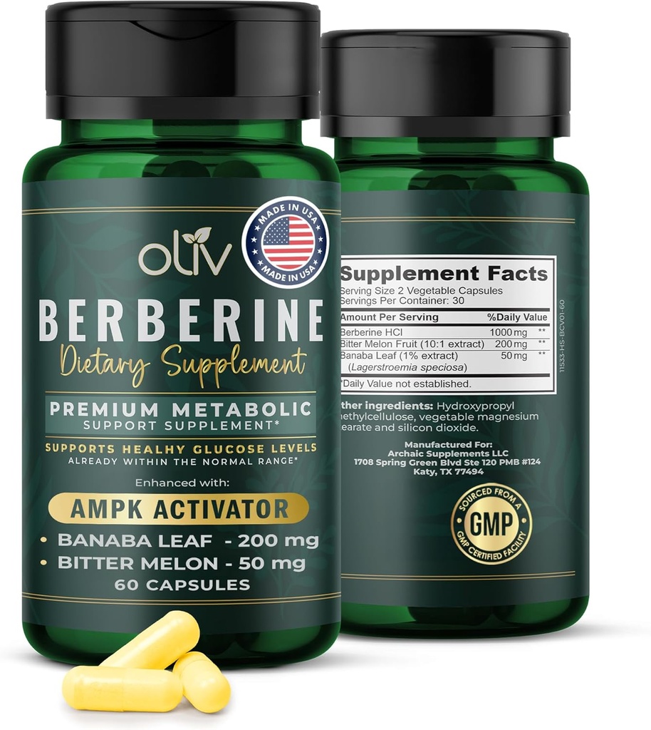 oliv Pure Berberine Supplement Capsules – Berberine HCI 1000mg - Φυσική Μεταβολική Υποστήριξη με 200mg Bitter Melon Fruit Extract και 50mg Banaba Leaf – 2 Κάψουλες Veggie Καθημερινά (30 Σερβιέτες)