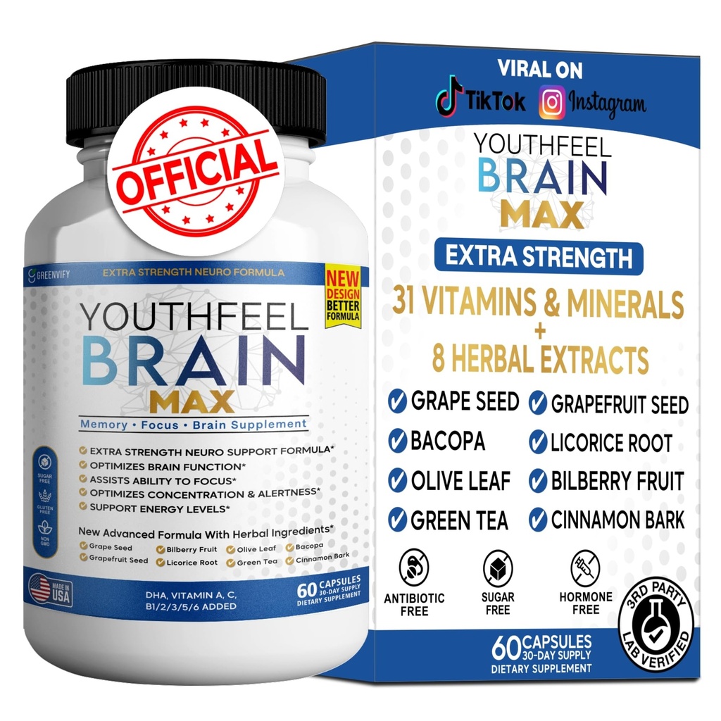 Youthfeel Brain Max Memory Support Supplement, 60 Capsules, Extra Strength Neuro Formula with Vitamins and Herbal Ingredients (1)