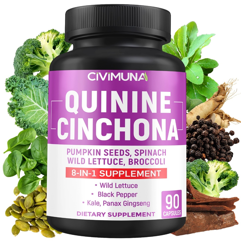 Quinine Cinchona Bark Capsules with Quinine Cinchona Bark, Pumpkin Seeds, Spinach and More - 90 Capsules for 3 Months Supply