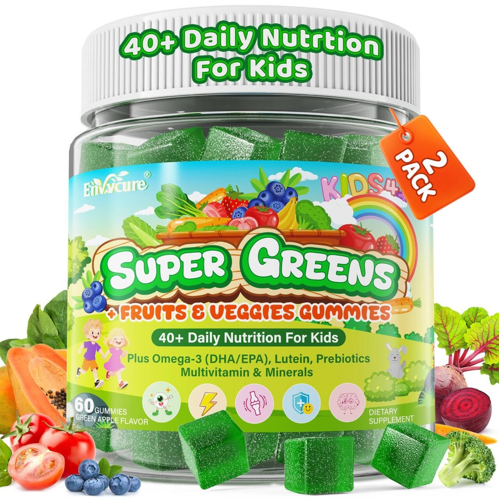 Kids Super Greens Gummies, w/Multivitamins, 20+ Veggie Fruit, Prebiotics, Calcium, Omega-3 (DHA/EPA), Kids Vitamins Greens Superfood Gummies for Picky Eater Growth, Energy, Immune, Digestion, 2 Pack