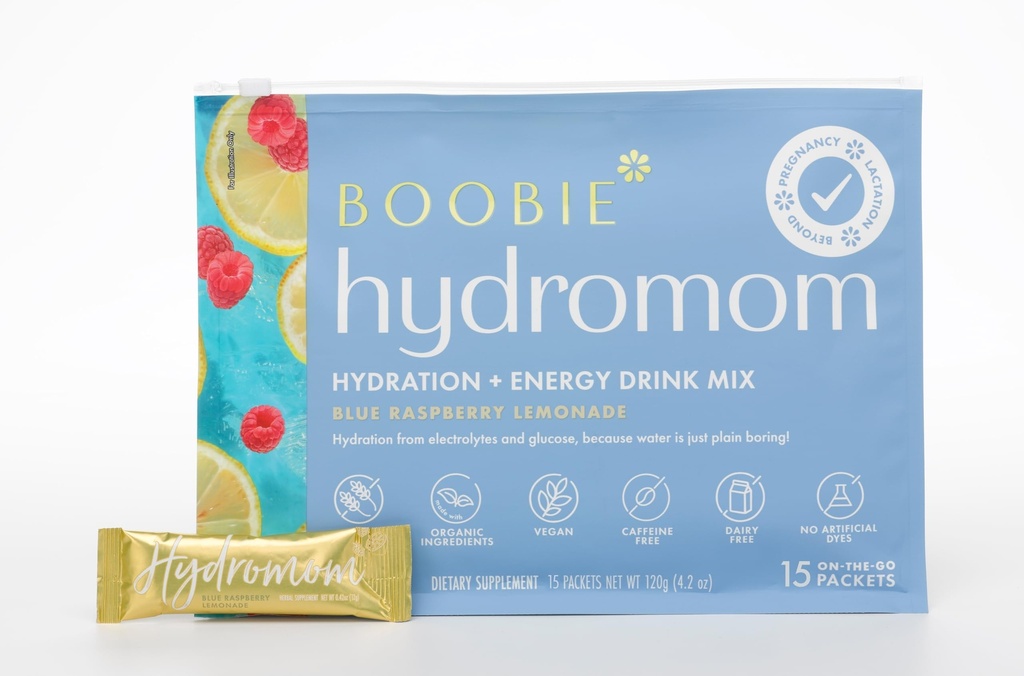 Boobie Hydromom Superfood Electrolyte Drink Mix, Blue Raspberry Lemonade | Rejim & Hydration Boost for Mamas | On-The-Go & Travel Essentials for Orchid, Lactation, & Beyond, 15 Packets