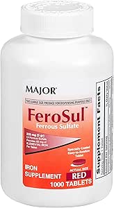 Binbaşı FeroSul - Ferrous Sulfate 325 mg Tabletler - Kadınlar ve Erkekler için Demir Supplement - Özel olarak Easy-to-Sw Tabletleri - Red - 1000