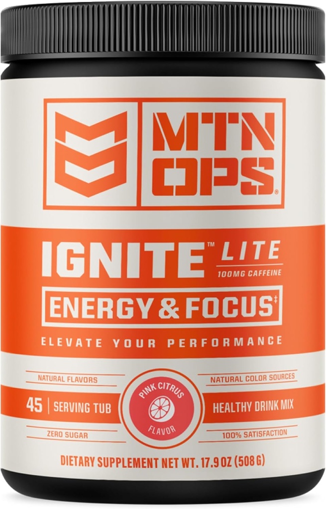 MTN OPS Ignite Lite Energy Drink Toz Gluten Free Nitrik Oksit Supplement Drink Mix, L Arginine, L Citrulline, Caffeine & Nootropic Sugar Free Drink Mix, 45 Hizmet, Pink Citrus