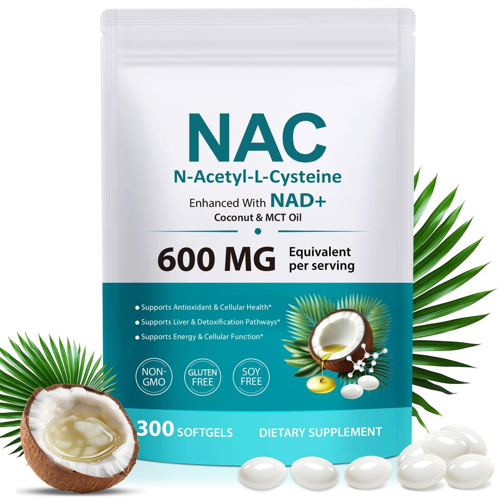 NAC Supplement (N-Acetyl Cysteine) Softgels with NAD+, Coconut Oil & MCT Oil, Non-GMO, Gluten Free, 300 Count