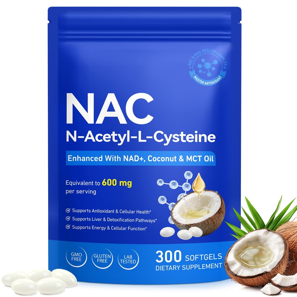 NAC Softgels 600mg Per Serving - NAD+ Enhanced N-Acetyl Cysteine with Coconut & MCT Oil for Superior Absorption, Antioxidant, Liver Detox & Cellular Health, Non-GMO, Gluten-Free, 300 Count