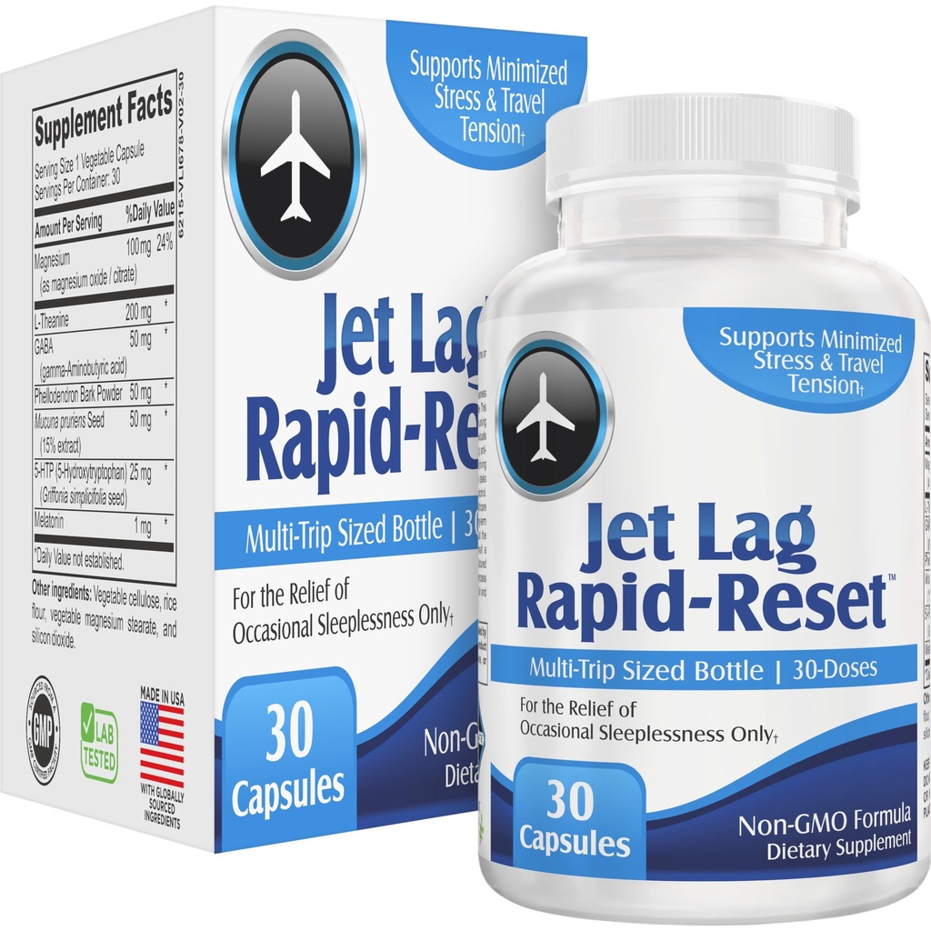 Jet Lag Rapid-Reset (7-in-1) Support Supplements | Optimize Your Travel Routine | Jet Lag Supplement for Travelers | 30 Capsule Doses Per Bottle