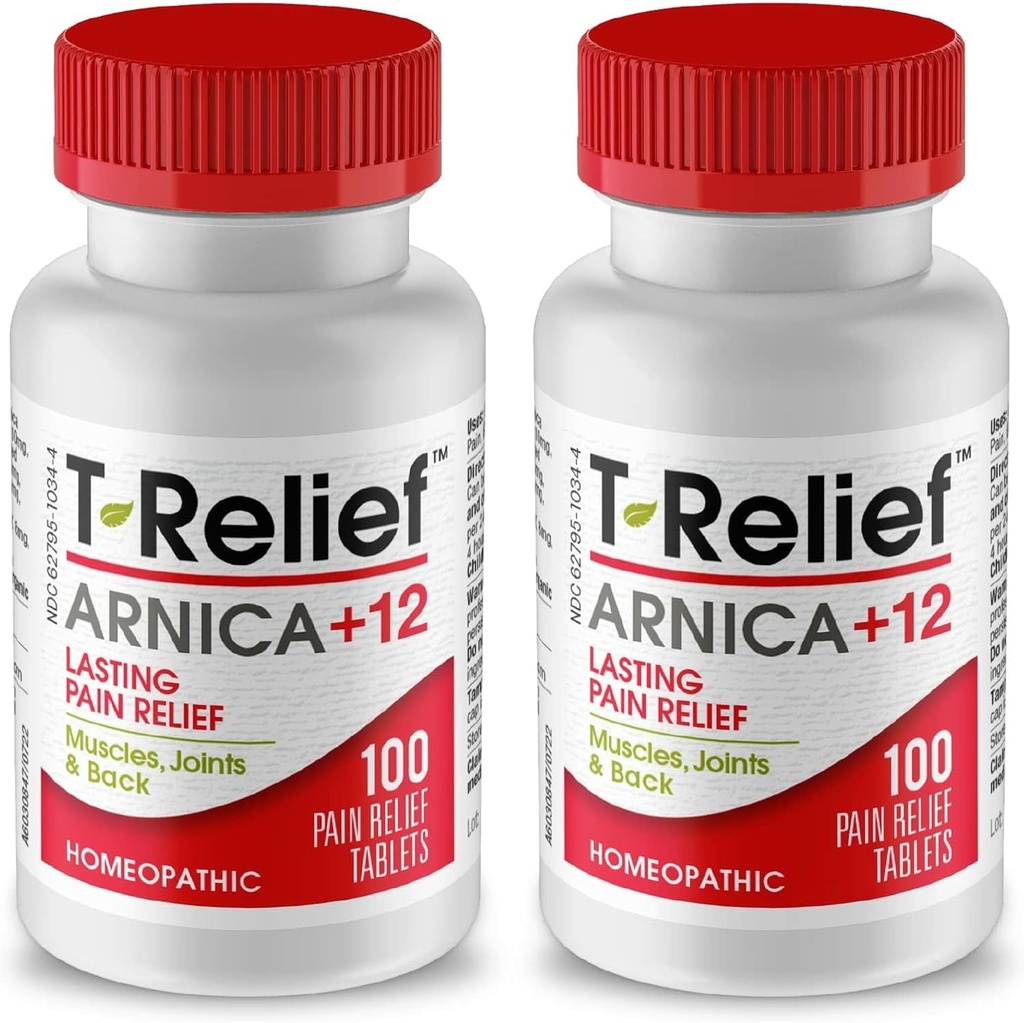 T-Relief Arnica + 12 Geri Ağrı Ortak Soreness Kas Aches & Stiffness için Doğal Relieving Actives for Back Pain Common Soreness Muscle Aches & Stiffness, Whole Body Fast Acting Relief for Women & Men - 100 Tablet (2 Paket)