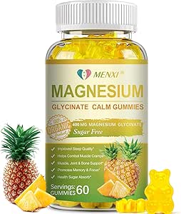 Magnezyum Glycinate Gummies 400 mg, Sugar Free Magnezyum Taurate, Malate Supplement with Vitamin D, B6, CoQ10 for Relaxation, Stress Relief, Muscle, Bone & Sleep Support- 60 Pineapple Gummies
