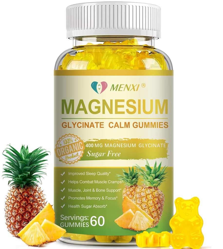 Magnezyum Glycinate Gummies 400 mg, Sugar Free Magnezyum Taurate, Malate Supplement with Vitamin D, B6, CoQ10 for Relaxation, Stress Relief, Muscle, Bone & Sleep Support- 60 Pineapple Gummies