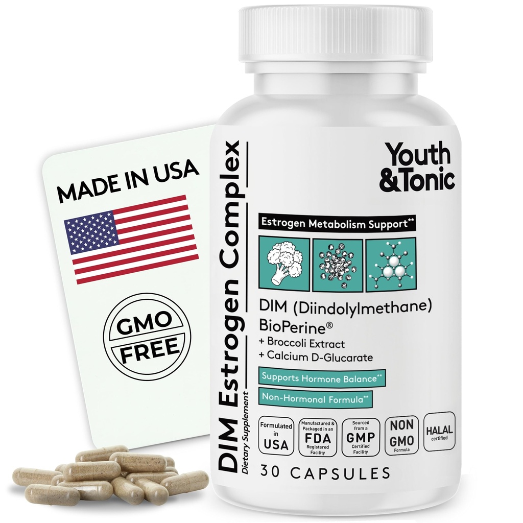 Youth & Tonic DIM Estrogen Complex – Estrogen Metabolism Support, Non-Hormonal Plant-Derived Formula with Broccoli Extract, Calcium D-Glucarate & BioPerine®, 30 Capsules