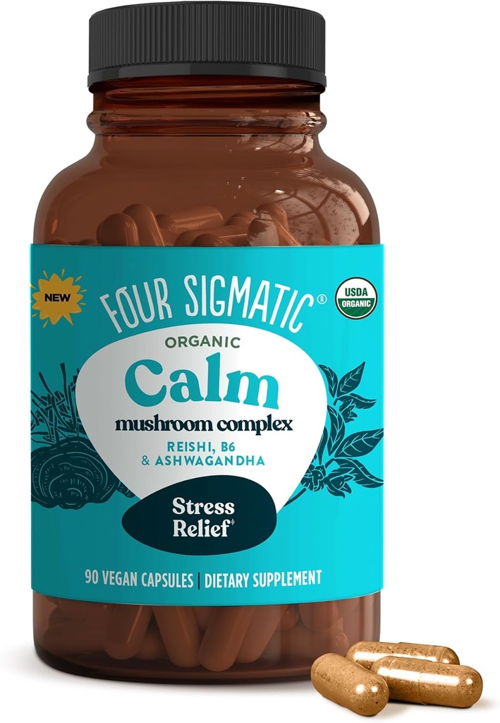 Four Sigmatic Calm Capsules | Vegan Stres Desteği Tamamı Organik Ashwagandha Toz, Organik Reishi Mushroom, Tulsi (Holy Basil Extract), Vitamin B6 | 30 Hizmet