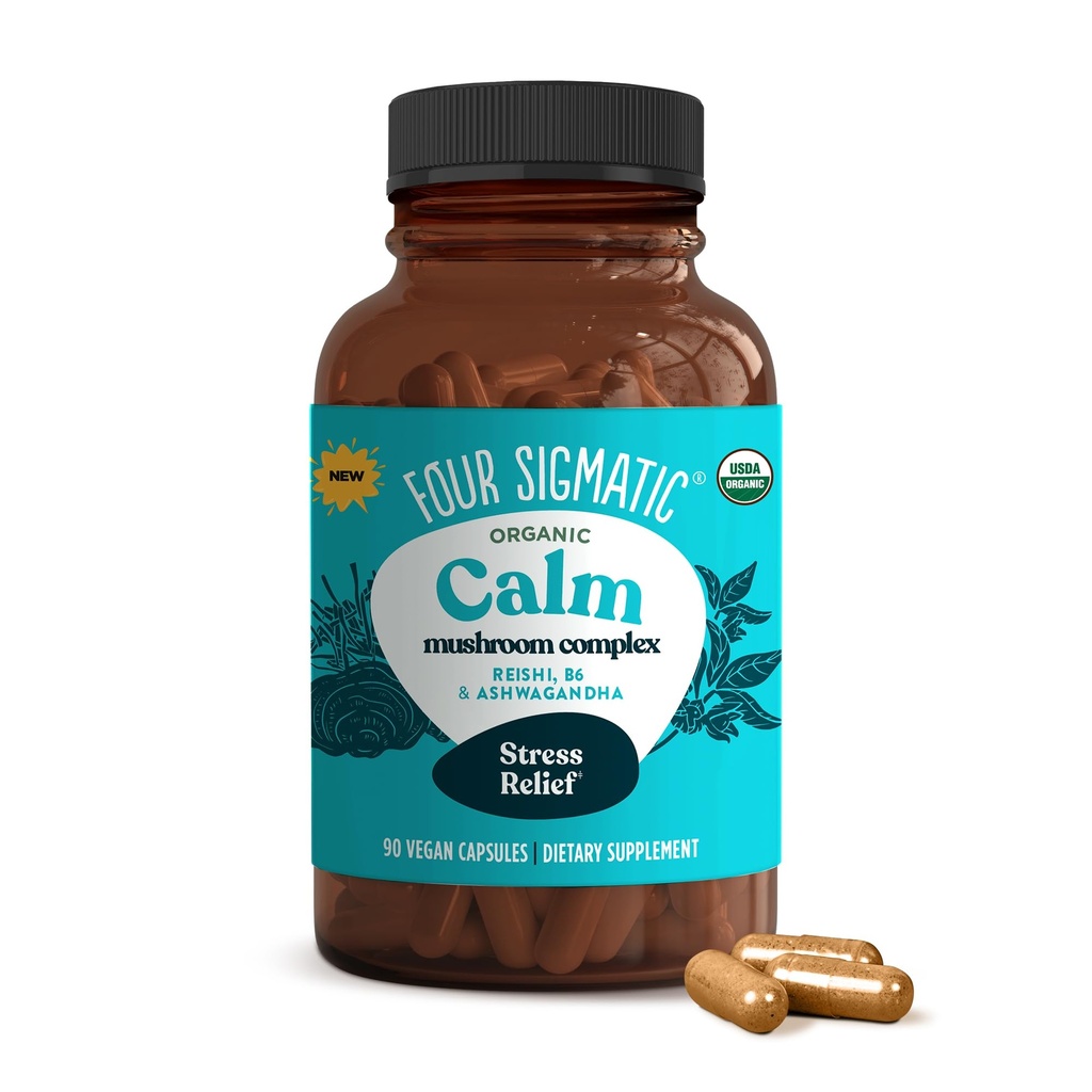 Four Sigmatic Calm Capsules | Vegan Stres Desteği Tamamı Organik Ashwagandha Toz, Organik Reishi Mushroom, Tulsi (Holy Basil Extract), Vitamin B6 | 30 Hizmet