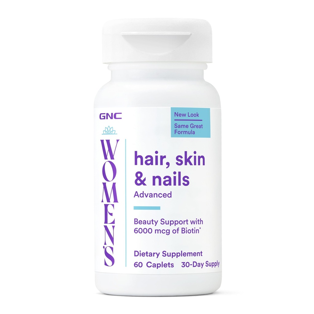 GNC Women's Hair, Skin & Nails - Daily Beauty Supplement for Skin Health, Hair Care & Nail Support - Antioxidants for Cell Protection - Nutrient-Rich - Gluten-Free - 60 Count (30 Servings)