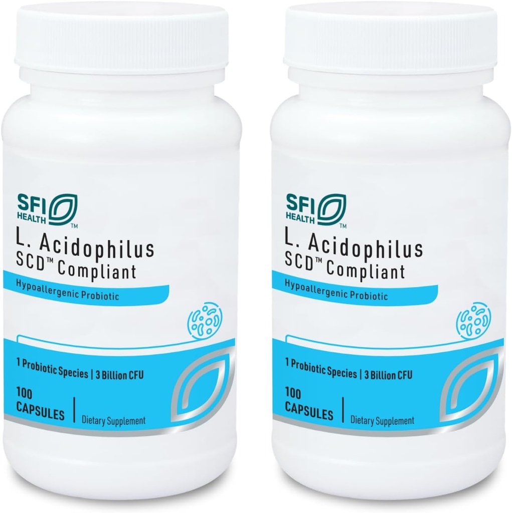 Klaire Labs SFI Health L. Acidofilius - 3 Milyar CFU Lactobacillus Probiyotik, Pure SCD Compliant Formula for Men & Women, Hipoallergenic & Non-Dairy (100 Capsules, 2 Pack)