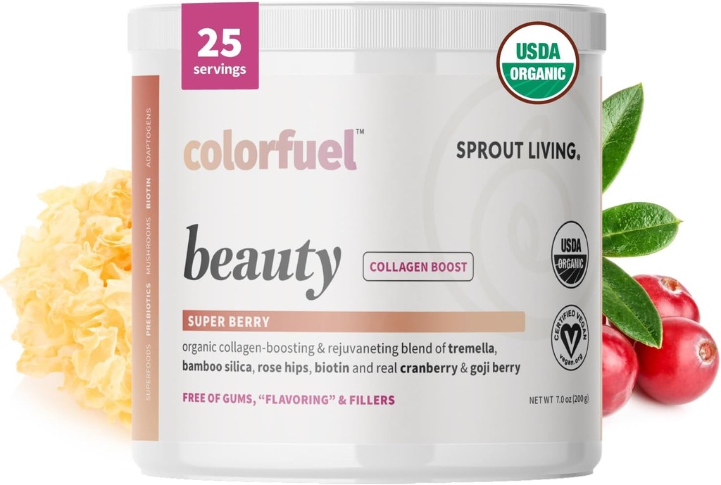 Sprout Living, Colorfuel Beauty Toz İçecek Mix, Organik Superfoods + Adaptogens | Saç, Skin & Nails Desteği, Vegan Collagen Boost, Biotin, Silica, C, Super Berry Flavor (25 hizmet)