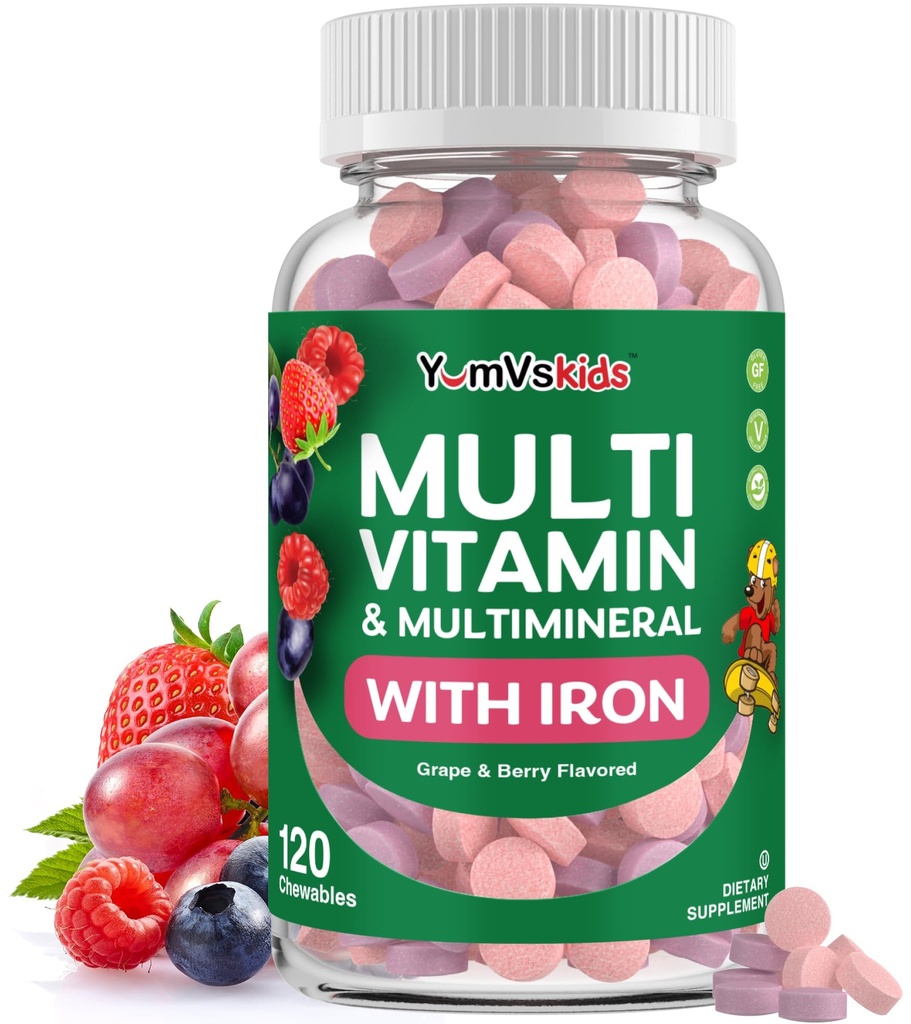 YumVs Kids Multivitamin with Iron & Minerals Chewable Tabletler – Grape & Berry odyler & Çocuklar Yaş 2+ - Immune Support için Günlük Multivitamin - Kosher, Non-GMO – 120 Chewables