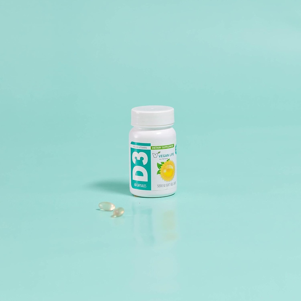 Vegan Life Beslenme - Yetişkinler için D3 Günlük Kapsüller (5000 IU) - Gluten-Free, Non-GMO, Supports Bone Health and Immune System - 60 Capsules