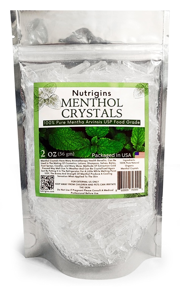 Menthol Crystal 2 oz - Pure Organic 100% Natural - Menthol Crystals from Mint Crystal Mints Mentha Arvensis - Comes in Resealable Standup Bag for Long-Lasting Freshness