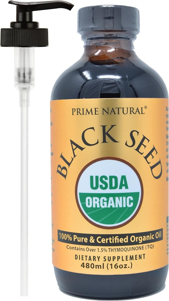 PRIME NATURAL Organic Black Seed Oil 16oz - Κρύο Πατημένο Ακατέργαστο Υψηλή Θυμοκινόνη 1,7% USDA Certified - Turkish Origin Poent Nigella Sativa Liquid - Vegan Omega 3 6 9, Αντιοξειδωτικό