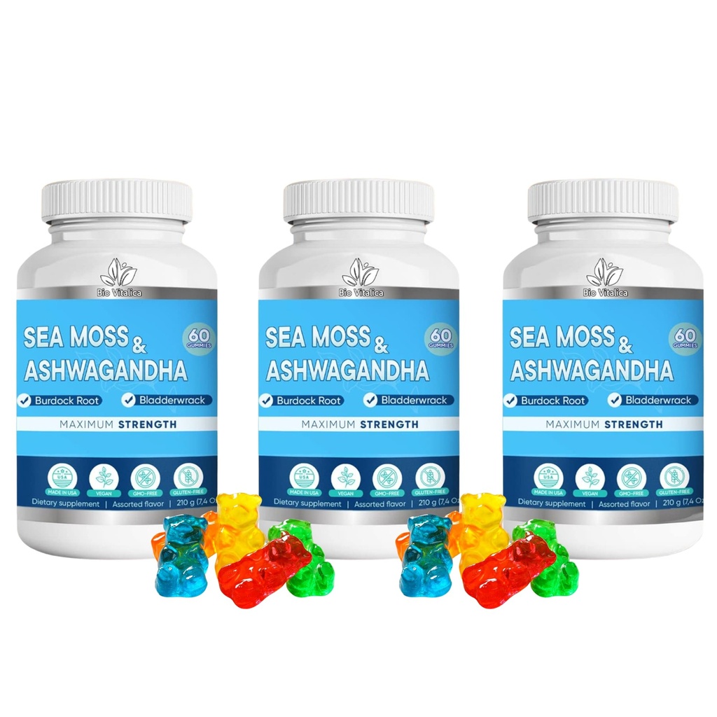 Title Sea Moss Ashwagandha Gummies - Organic Irish Sea Moss Blended with Burdock Root & Bladderwrack - Natural Energy & Calm Support for Adults - 3 Packs