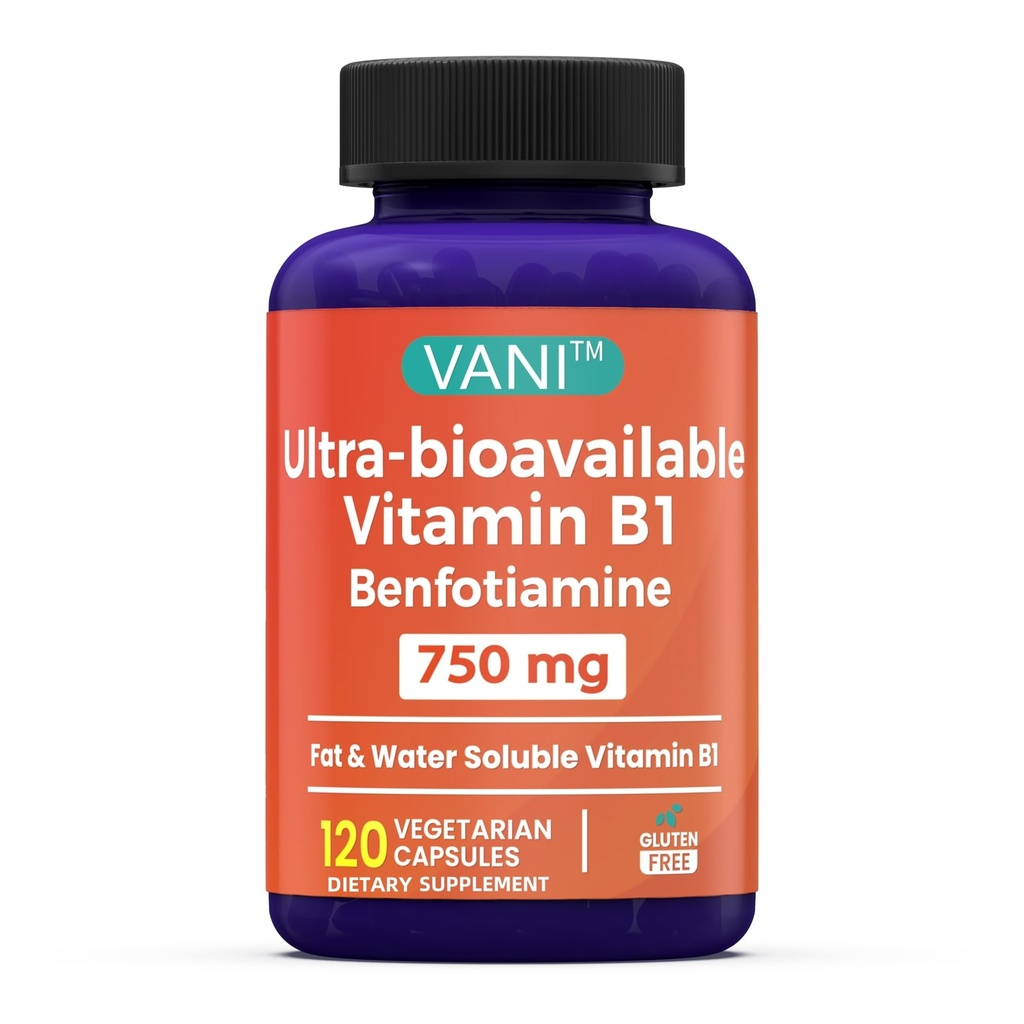 VANI 750MG Benfotiamin ile B1, 5X Time Fat & Water ► Thiamine B1 Supplement – Üçüncü Parti Test Edildi, No Gluten (120 Capsules)