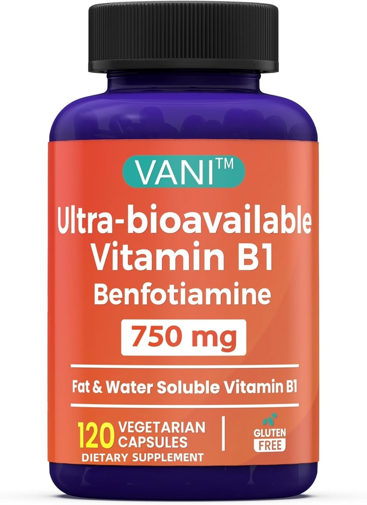 VANI 750MG Benfotiamin ile B1, 5X Time Fat & Water ► Thiamine B1 Supplement – Üçüncü Parti Test Edildi, No Gluten (120 Capsules)