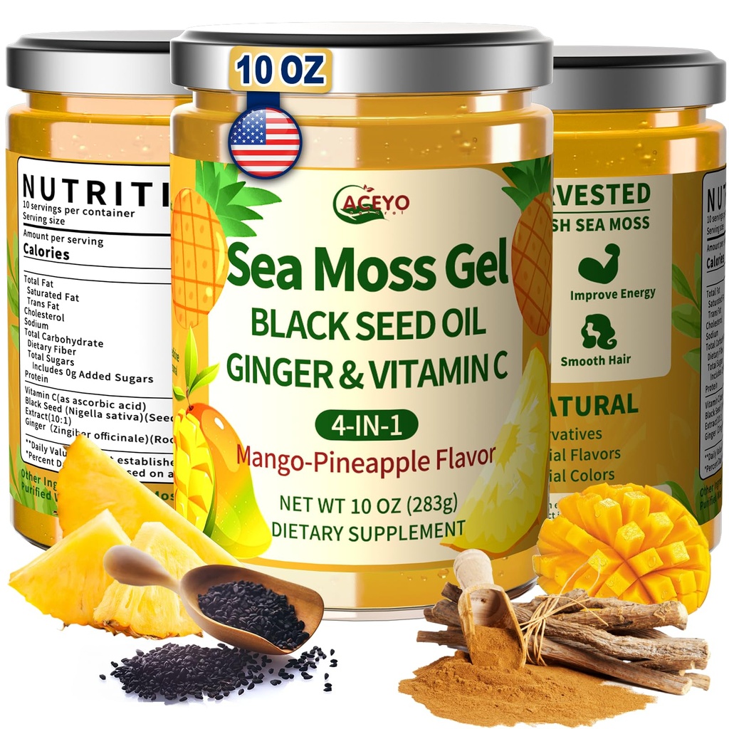 ACEYO Sea Moss Gel 4-in-1, Irish SeaMoss with Black Seed Oil & Ginger,Rich in Minerals & Vitamins,Immunity & Health Support,Superfood,Non-GMO, Vegan,Mango Pineapple Flavor,10 oz (Pack of 1)