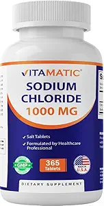Vitamatic Sodium Chloride 1000mg – 365 Tablets Electrolyte Replenisher & Hydration Support – Non-GMO, Gluten-Free