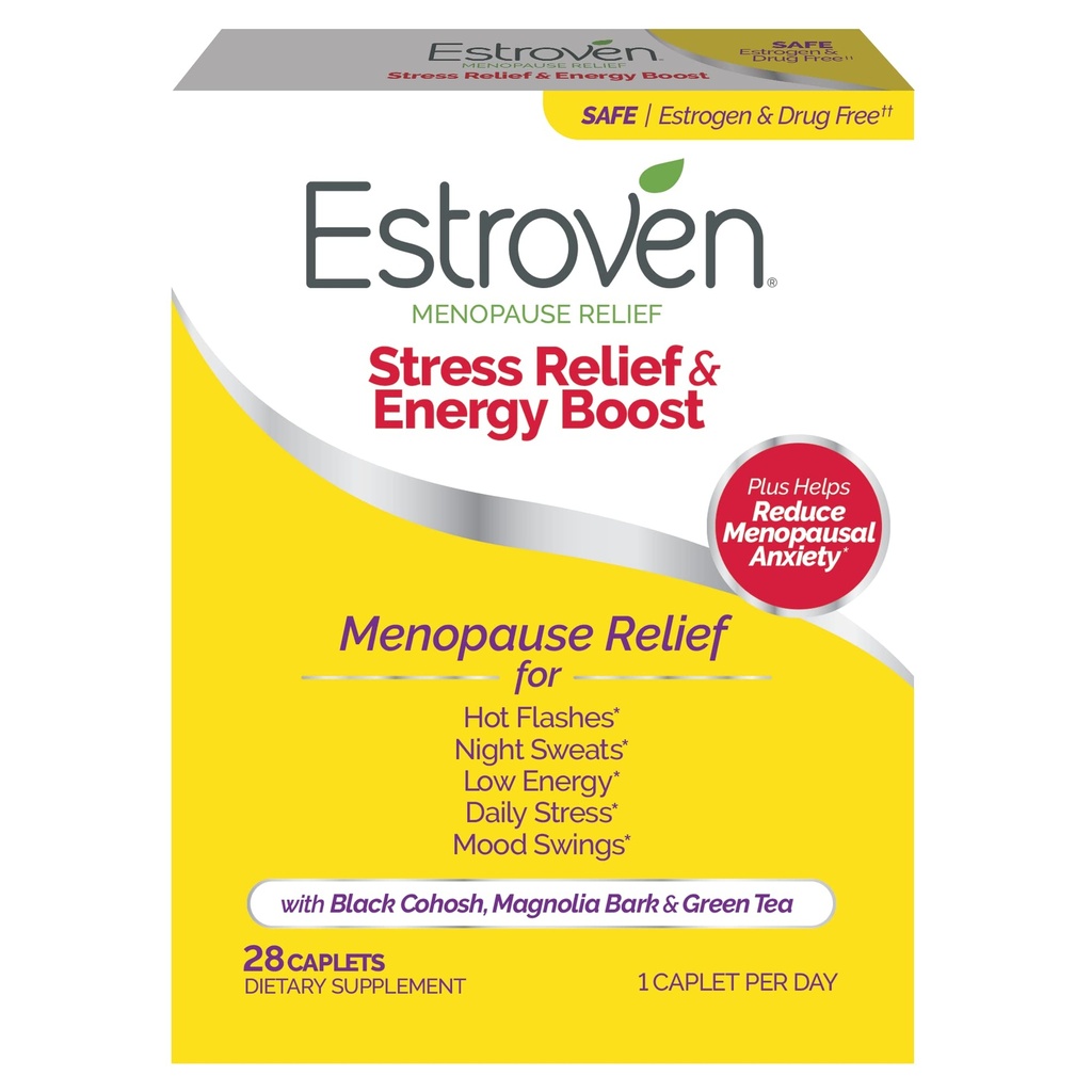 Menopause Relief için Estroven Stres Yardımı ve Enerji Boost - 28 Ct. - Klinik olarak Proven Malzemeler Stres ve Enerji Desteği + Gece Terleri ve Sıcak Flash Yardımı - Uyuşturucu Özgür ve Gluten-Free