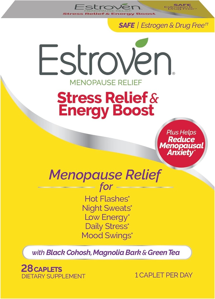 Menopause Relief için Estroven Stres Yardımı ve Enerji Boost - 28 Ct. - Klinik olarak Proven Malzemeler Stres ve Enerji Desteği + Gece Terleri ve Sıcak Flash Yardımı - Uyuşturucu Özgür ve Gluten-Free