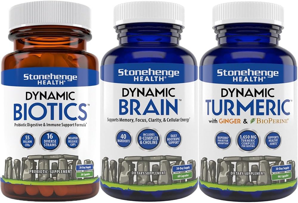 Stonehenge Health Dynamic Biotics Probiyotik, Dynamic Brain, Dynamic Turmeric: Energy, Commons, Digestion, Cognitive Support, Memory, Focus ve Clarity