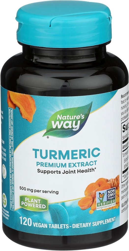 Nature's Way Turmeric Premium Extract - Supports Ortak Sağlık* - Non-GMO Projesi Doğrulandı - Servis başına 500 mg - Ortak Tamam Turmeric Tabletler* - Gluten Free - 120 Tabletler