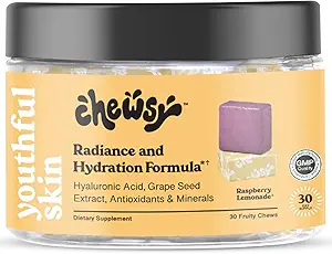 Chewsy Youthful Skin, Fruity Chews Vitamins, Radiance & Hydration Formula, Hyaluronic Acid, Grape Tohumu, Antioksis & Minerals, Vitaminler Raspberry Lemonade Flavor 30-Day Supply
