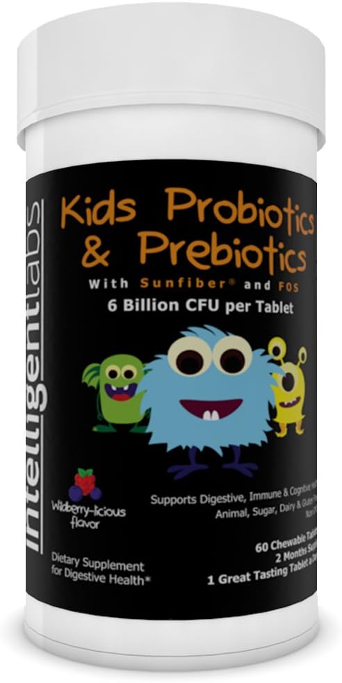 Intelligent Labs 6 Billion CFU Kids/Children's Probiotics with Prebiotics, Sunfiber and FOS, for 10x More Effectiveness, One A Day Great Taste Chewable Probiotic, 60-Day Supply, Third-Party Verified
