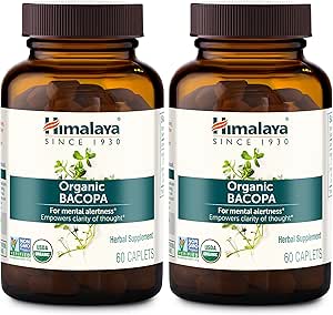 Himalaya Bacopa Monnieri Nootropic Herbal Supplement, Ruh Uyarısı, Destekler Calm, Memory, Cognition, USDA Organic, Non-GMO, 750 mg, 60 Plant-Based Caplets, 2 Pack, 120 Day Supply