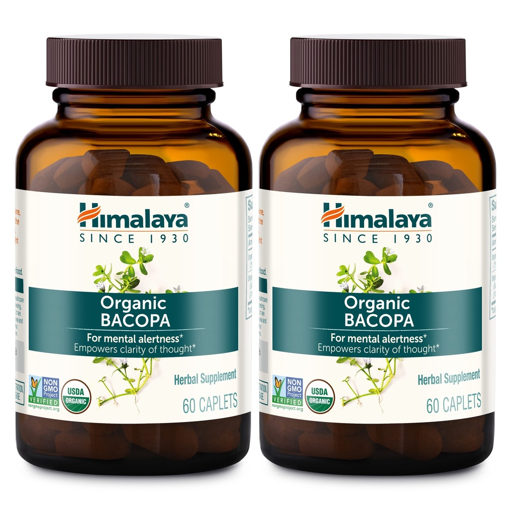 Himalaya Bacopa Monnieri Nootropic Herbal Supplement, Ruh Uyarısı, Destekler Calm, Memory, Cognition, USDA Organic, Non-GMO, 750 mg, 60 Plant-Based Caplets, 2 Pack, 120 Day Supply