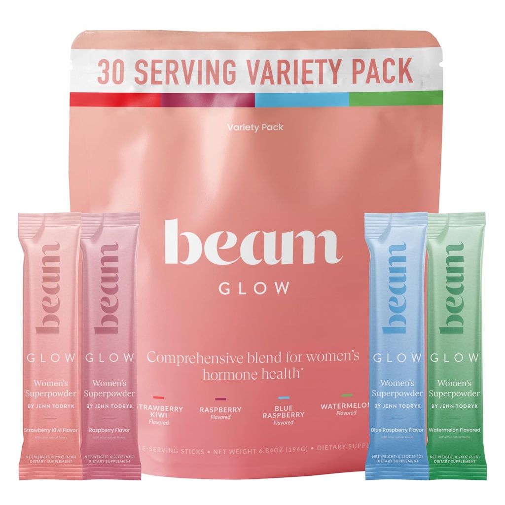 Beam Glow, Hormone Balance for Women, Cortisol Support for Women, Thyroid Support Powder with Selenium, Bromelain and Chasteberry, PMS Relief, Hair Skin & Nails, Health and Wellness Gift, Variety Pack