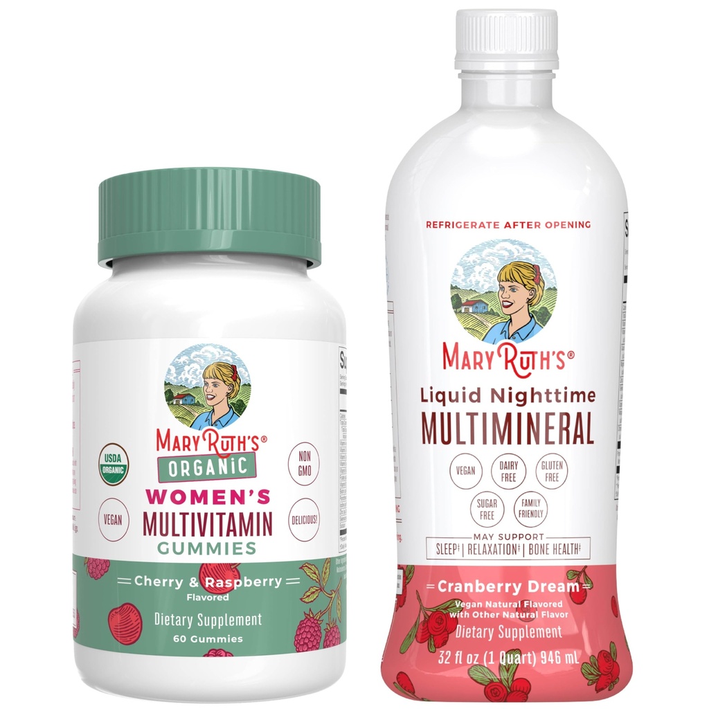 MaryRuth's Multivitamin Gummies for Women (Cherry & Raspberry) & Liquid Nighttime Multimineral (Cranberry) | Clean Label Project  Valid® | Vegan, Non-GMO | Beauty, Bedtime, General Health