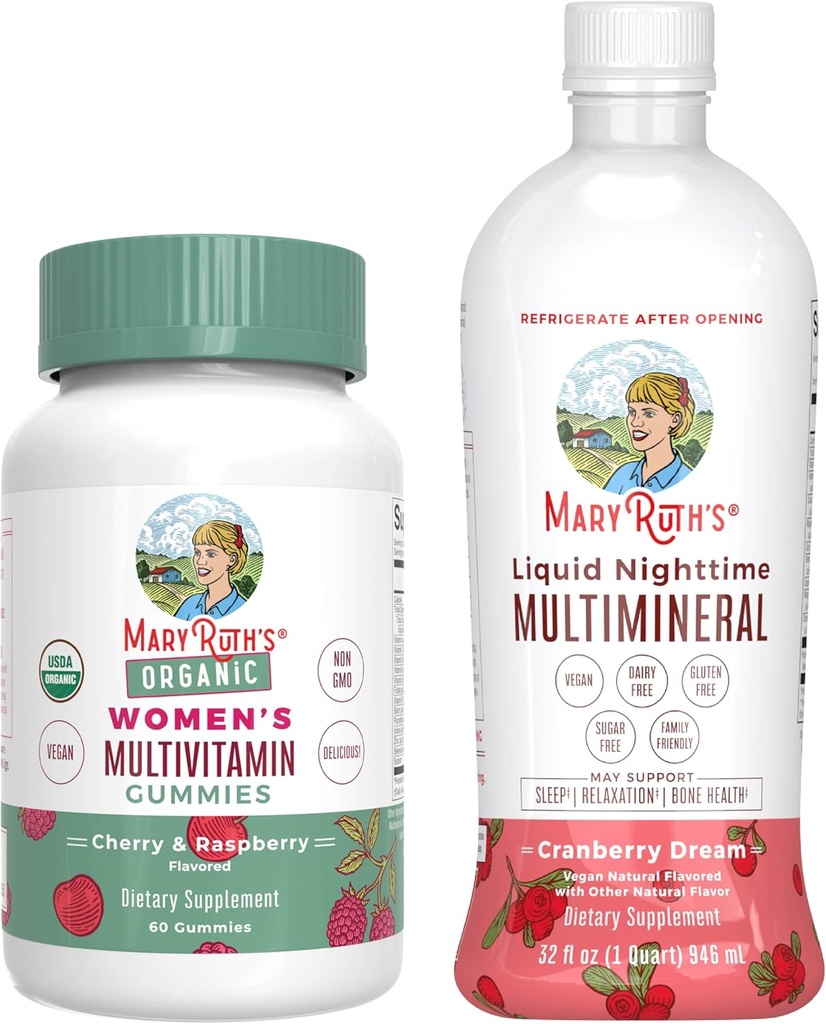 MaryRuth's Multivitamin Gummies for Women (Cherry & Raspberry) & Liquid Nighttime Multimineral (Cranberry) | Clean Label Project  Valid® | Vegan, Non-GMO | Beauty, Bedtime, General Health