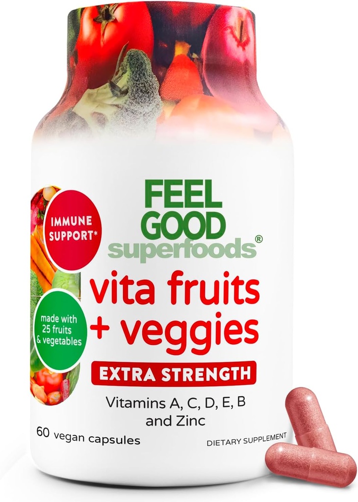 Feel Good Superfoods 1000 mg Immune Support Capsules 25 Organik Meyve ve Sebzelerle, Vitaminler A, C, D3 ve Çinko ile Güçlü Immunity Alerts, 60 Count