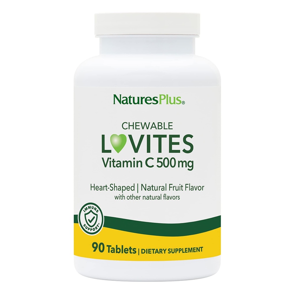 NaturesPlus Lovites - 90 Chewable, Heart-Shaped Tablets - 500mg Vitamin C - Natural Fruit Flavor - Vegan, Gluten Free - 90 Servings