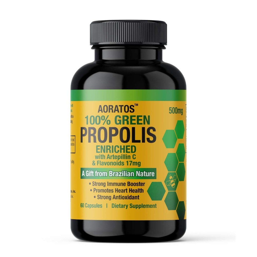 Aoratos 100% Brazilian Green Propolis Enriched 500mg, Immune Support, 60 Vegetable Capsules