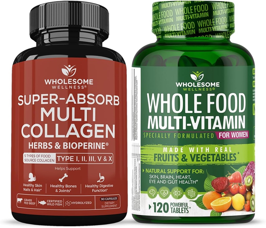 Allsome Wellness Super-Absorb Multi Collagen Pills (Type I II III V X) Organik Herbs ve Bioperine + Tüm Gıda Kadınlar için Çokvitamin - Doğal Çok Vitaminler, Mineraller, Organik Türler
